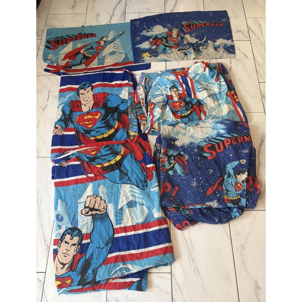 Vintage Superman DC Comics 1978 Fitted Flat Pillowcase Twin Bed Sheet Set Of 6